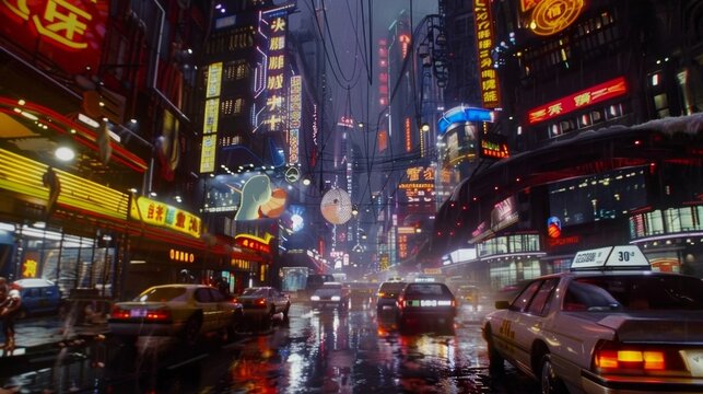 As the sun set over the cyberpunk cityscape the streets came alive with the bright and bold colors of the neon signs and holographic . .