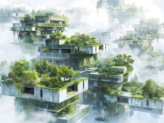 Design a captivating image illustrating interconnected city blocks resembling self-sustaining ecosystems  - obrazy, fototapety, plakaty