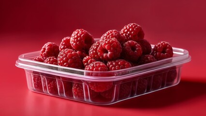  Fresh raspberries in a clear container ready to be enjoyed