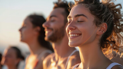 Group of young friends experiencing outdoor meditation together