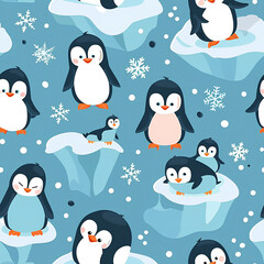 Charming Penguins on Ice, Sky Blue, Winter Wonderland with Snowflakes