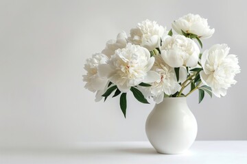 White vase filled with lots of white flowers. Photo of white Peonies in white vase on white background. Space for text.