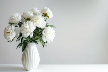 Obraz na płótnie Canvas White vase filled with white blooming flowers. Photo of white Peonies in white vase on white background. Space for copyspace.