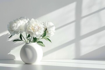 Photo of tender white Peonies in white vase on the table. Light shadow from window. Space for text.