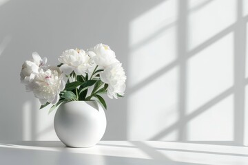 Beautiful photo of tender white Peonies in white round vase on the table. Light shadow from window. Space for text.