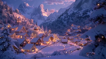 An alpine village costumeed in ling lights and surrounded by towering mountains covered in a blanket of snow. . . - obrazy, fototapety, plakaty