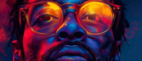 Graphic illustration of a Man with glasses in neon lighting.  Generative AI