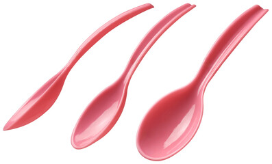 set of small plastic spoons, food grade plastic for measure powdered food, milk protein or supplements powder, isolated on white background in different angles and without shadows