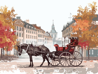 Fototapeta premium Enchanted Jaunt Through Time: Horse-Drawn Carriage Ride in Quaint City Center