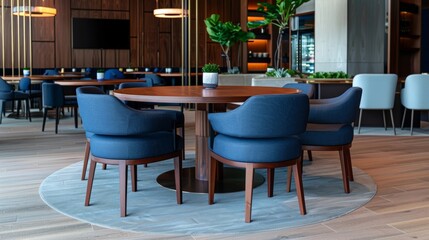 Fototapeta na wymiar The table is surrounded by comfortable chairs upholstered in a soft navy blue fabric. Each seat is equipped with a small tablet that allows you to personalize your dining experience .