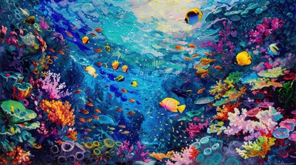 Fototapeta na wymiar coral reef bustling with colorful fish and marine creatures vibrant marine ecosystem