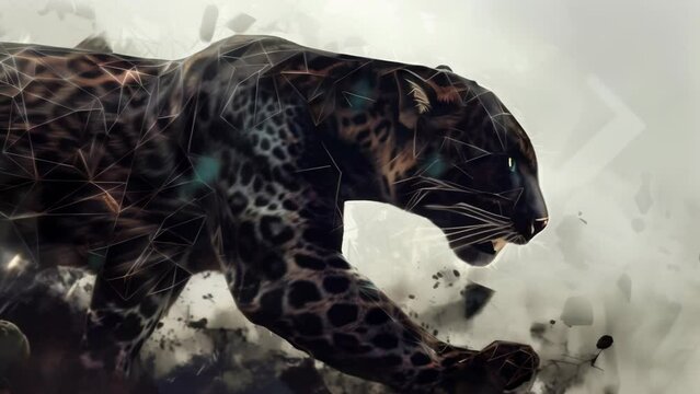 A black panther is depicted in the moment before it pounces, set against a background scattered with geometric patterns. This is a dynamic piece that combines strength and beauty.
