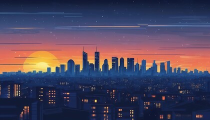 Minimalist Doodle of Cityscape with Sunset Sky Background and Dramatic Sunrise