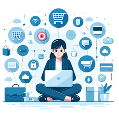 Fototapeta premium illustration of business woman managing digital business with laptop