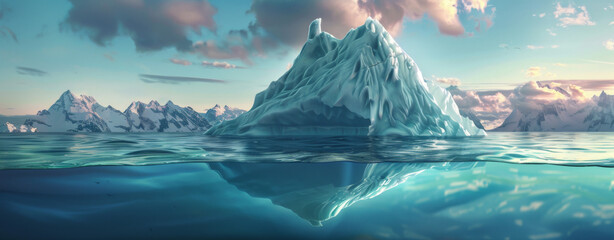 Photo of An iceberg floating in the ocean with half visible below and above water - obrazy, fototapety, plakaty