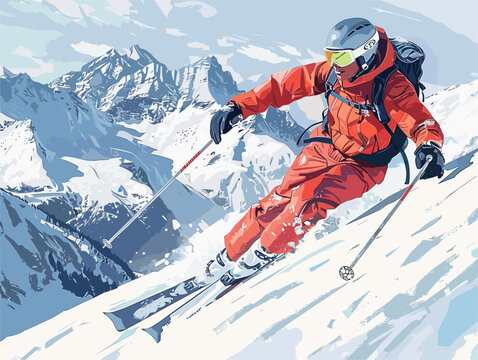 Thrill-Seeking Skier Carves Turns Down Snowy Slopes in Animated Winter Adventure