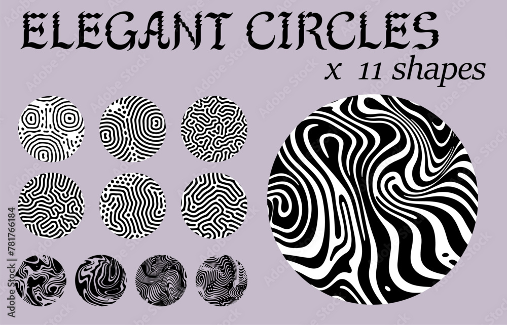 Poster Set of elegant cirlce shapes with psychedelic trippy pattern resembling ink blots and stains.