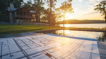 Against a backdrop of a serene lake and rolling hills a landscape designer proudly displays the blueprints for a new waterfront property on one side while the completed project shines .