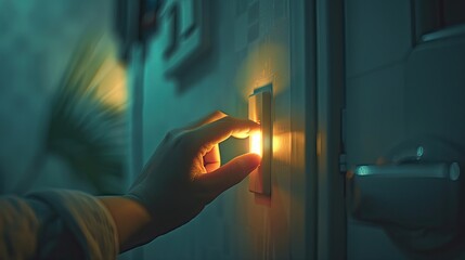 An image of a hand turning off a light switch to conserve electricity