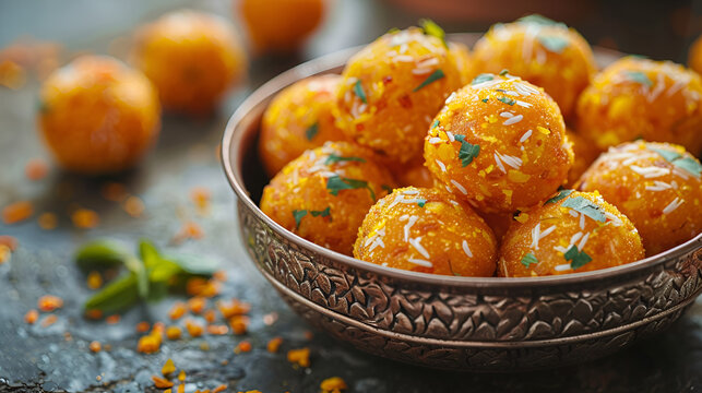 Indian Traditional Sweet Food Besan ke Laddu. Made using gram flour, sugar, and ghee. Indian festival sweet. Diwali faral or snacks. copy space. Gram flour sweet Ladoo.
