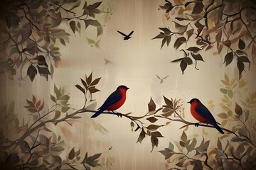 Painting with birds that sit in the leaves, art drawing on a textured background, photo wallpaper as a picture Generative AI