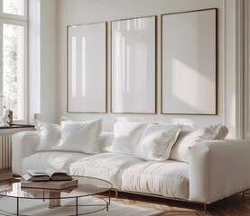 Mockup frame set in modern classic living room interior background. Presented in 3D render. Made with generative AI technology