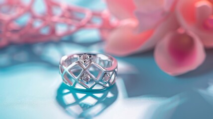 Elegant 925 sterling silver ring design on a soft backdrop. A luxurious and intricately designed ring stands out against a creamy, soft background, bathed in gentle light