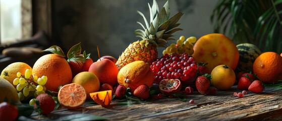 Various kinds of fruits are on the table. Generative AI