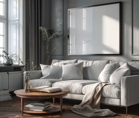 Mockup frame set in modern dark living room interior. Presented in 3D render. Made with generative AI technology