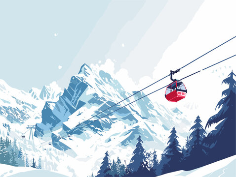 Animated Thrill: A Skier's Journey on the Mountain Cable Car System Ascending to Snow-Covered Heights
