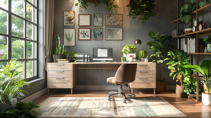 A home office with a vintage desk, green plants, and a wall of inspiring quotes. generative ai 