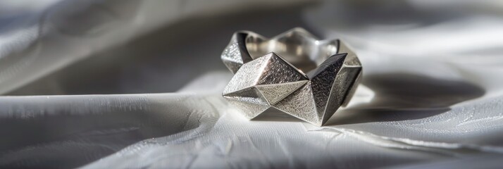 Elegant 925 sterling silver ring design on a soft backdrop. A luxurious and intricately designed ring stands out against a creamy, soft background, bathed in gentle light