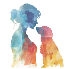abstract colour silhouette of woman and dog vector illustration in watercolour style