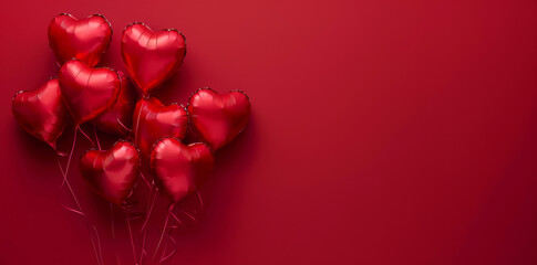 Valentine's day background with heart shaped balloons on red background, top view