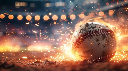 Dramatic close-up of a baseball, fire and sparks on the field, stadium lights illuminating the scene
