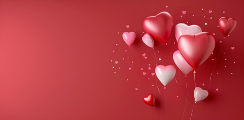 Valentine's day background with heart shaped balloons on red background, top view