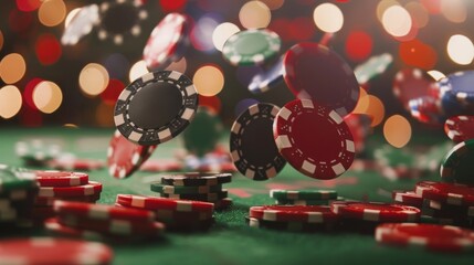 A cascade of poker chips falling onto a lush green table, with spotlighting to highlight the action and excitement of casino life - obrazy, fototapety, plakaty