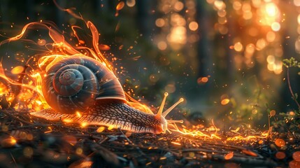 A magical scene capturing a snail blazing trails of fire in a forest, symbolizing unexpected speed and agility - obrazy, fototapety, plakaty