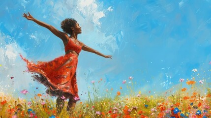 A joyful African-American woman dancing freely in a field of wildflowers, her stretch marks visible and celebrated, under a clear blue sky. A vibrant expression of freedom - obrazy, fototapety, plakaty
