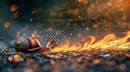 A snail accelerates, leaving behind a blazing trail, captured in a whimsical close-up, showcasing speed's beauty - obrazy, fototapety, plakaty