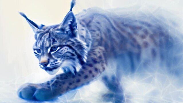 A lynx, enveloped in pale blue light, is depicted lying on a rock. This piece has a mystical and powerful atmosphere.
