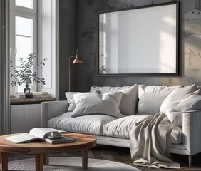 Mockup frame set in modern dark living room interior. Presented in 3D render. Made with generative AI technology