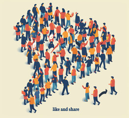 Flat design of big crowd in shape like icon with text "like and share" social media concept vector illustration