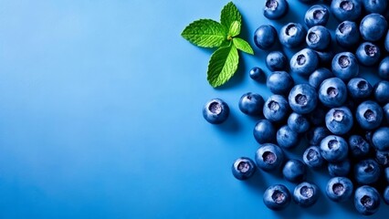  Freshness meets flavor  Blueberries and mint on a blue background - obrazy, fototapety, plakaty