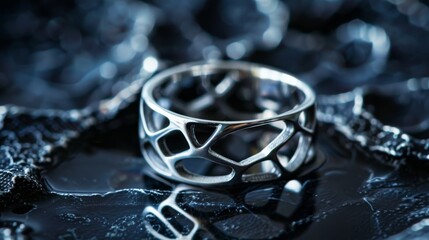Elegant 925 sterling silver ring design on a soft backdrop. A luxurious and intricately designed ring stands out against a creamy, soft background, bathed in gentle light - obrazy, fototapety, plakaty