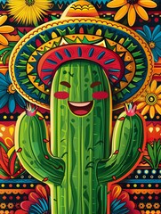 Cactus character with a Mexican hat, on a lively Cinco de Mayo celebration background, featuring traditional Mexican patterns and vivid colors