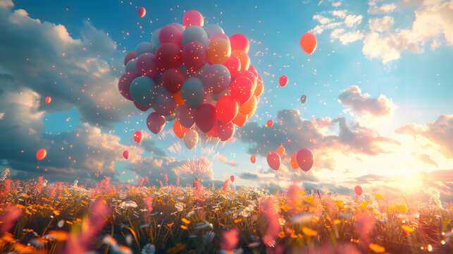 flying balloons at sunset