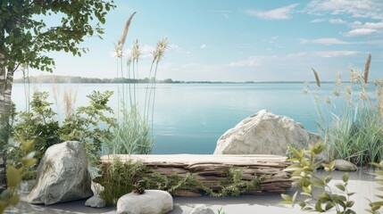 A serene lakeside landscape serves as the backdrop for this eco oasis featuring a podium crafted from driftwood and showcasing a selection . . - obrazy, fototapety, plakaty