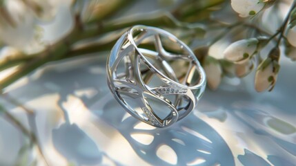 Elegant 925 sterling silver ring design on a soft backdrop. A luxurious and intricately designed ring stands out against a creamy, soft background, bathed in gentle light