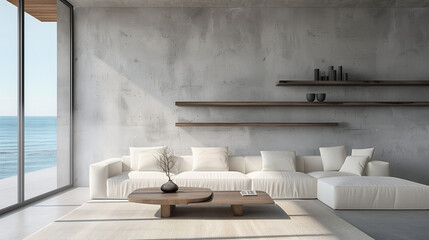 Modern living room interior with a white sofa, a wooden coffee table and shelves on a concrete wall in a luxury house at the beach front. Interior is in the style of modern living room with white 